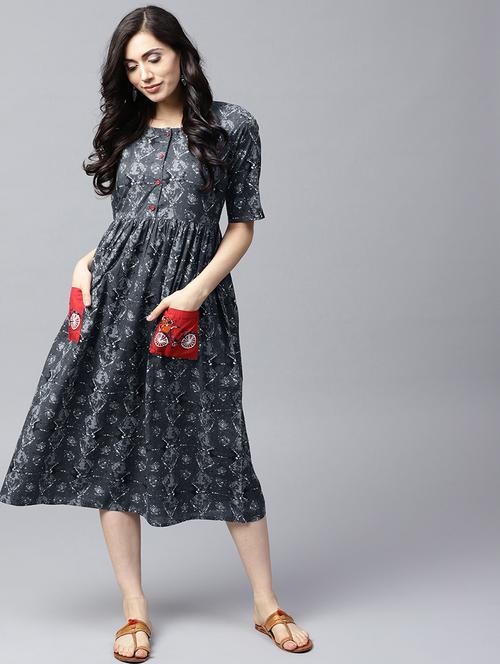 grey cotton fit & flare ethnic dress - 17550629 - Very Small Image - 1