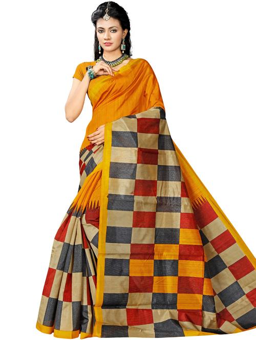 checkered printed saree with blouse - 17550923 - Very Small Image - 1