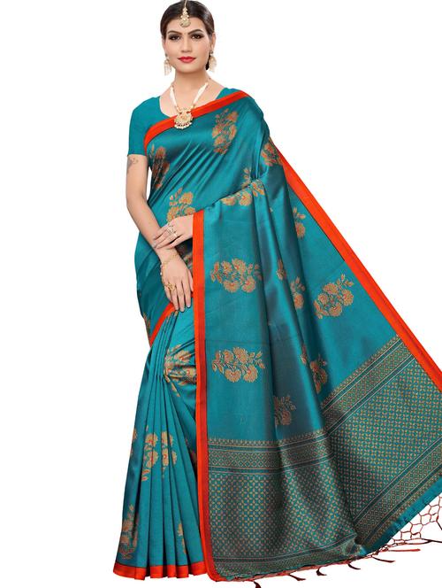 teal floral saree with blouse - 17550944 - Very Small Image - 1