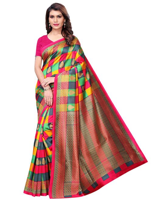 check printed saree with blouse - 17551000 - Very Small Image - 1
