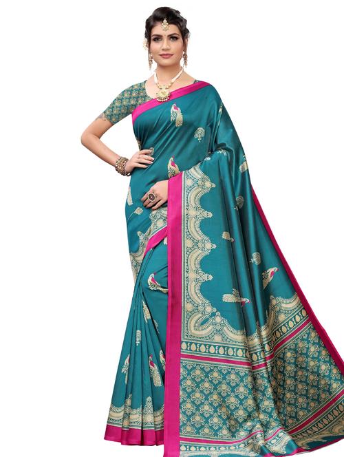 teal self design saree with blouse - 17551051 - Very Small Image - 1
