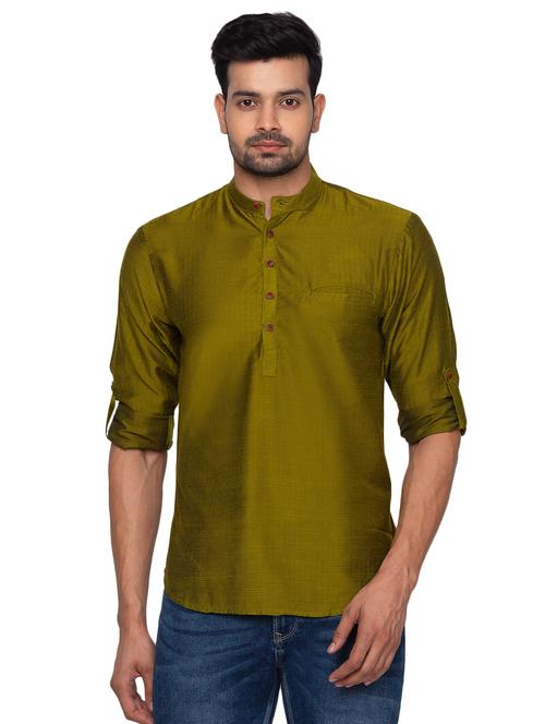 olive green self design short kurta - 17551237 - Very Small Image - 1