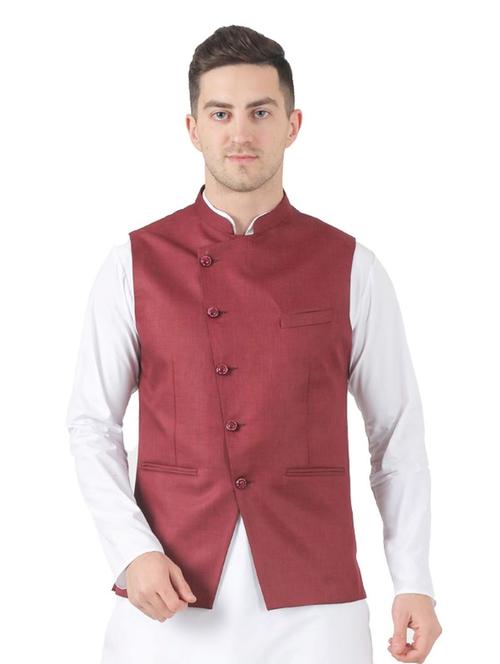 maroon solid nehru jacket - 17551866 - Very Small Image - 1