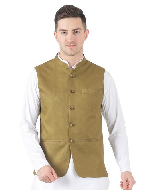 olive green solid nehru jacket - 17551870 - Very Small Image - 1