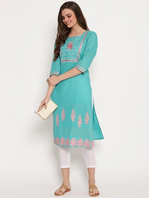 turquoise printed straight kurti - 17552171 - Very Small Image - 1