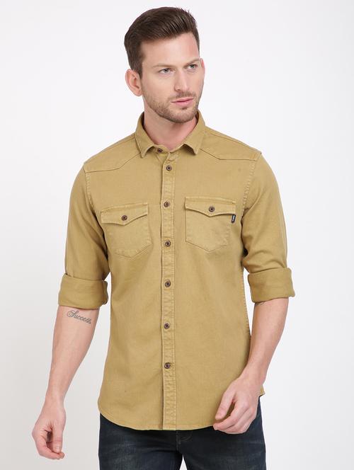khaki solid casual shirt - 17552474 - Very Small Image - 1