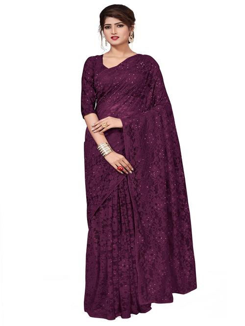 deep purple solid saree with blouse - 17556829 - Very Small Image - 1