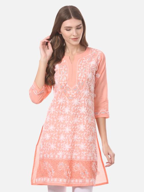 peach cotton straight kurta - 17559090 - Very Small Image - 1