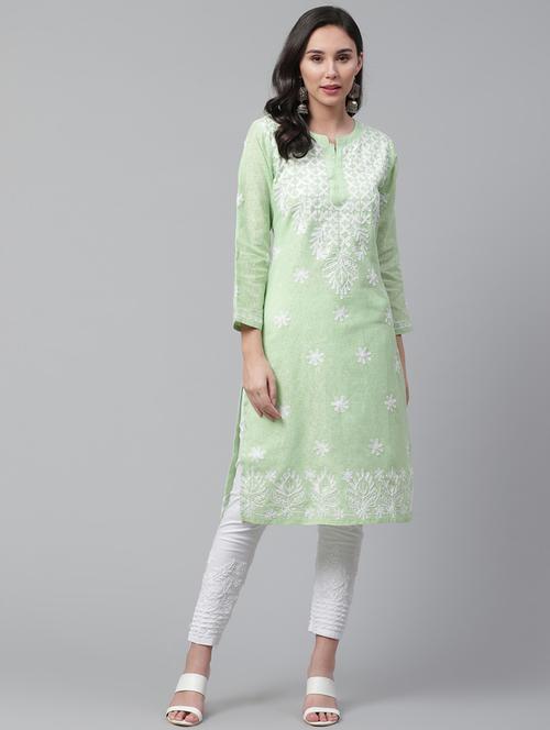 green cotton straight kurta - 17559174 - Very Small Image - 1