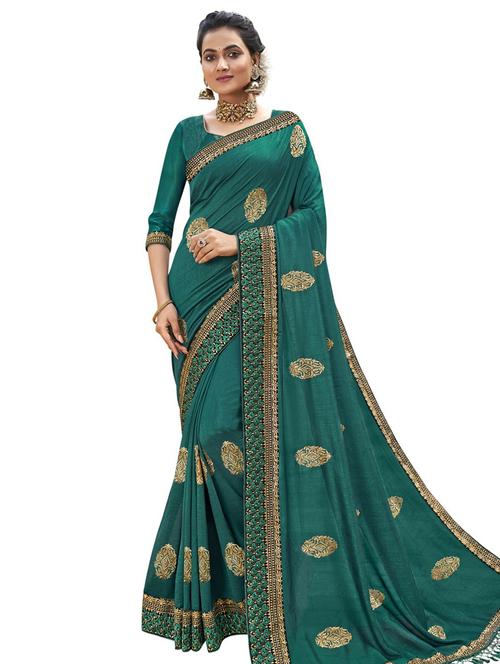 teal embroidered saree - 17559610 - Very Small Image - 1