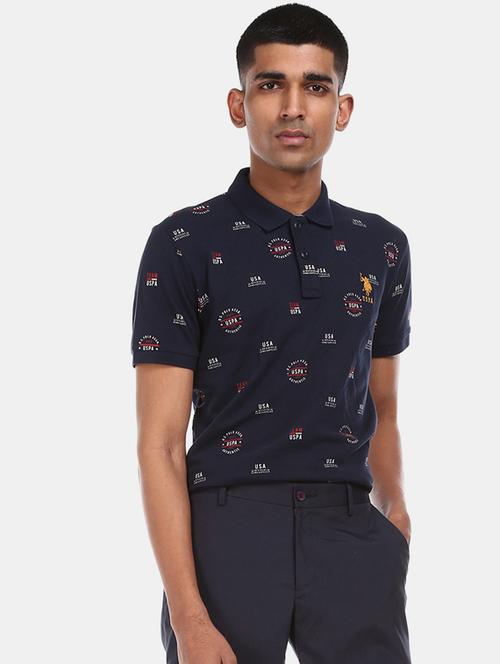 navy blue printed polo t-shirt - 17559701 - Very Small Image - 1
