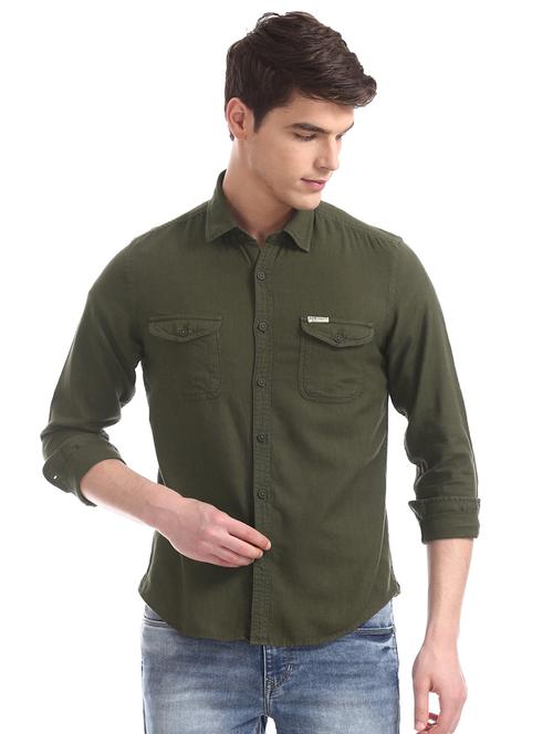 olive green solid casual shirt - 17560829 - Very Small Image - 1
