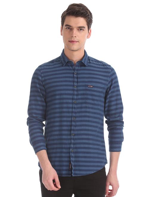navy blue striped casual shirt - 17560922 - Very Small Image - 1