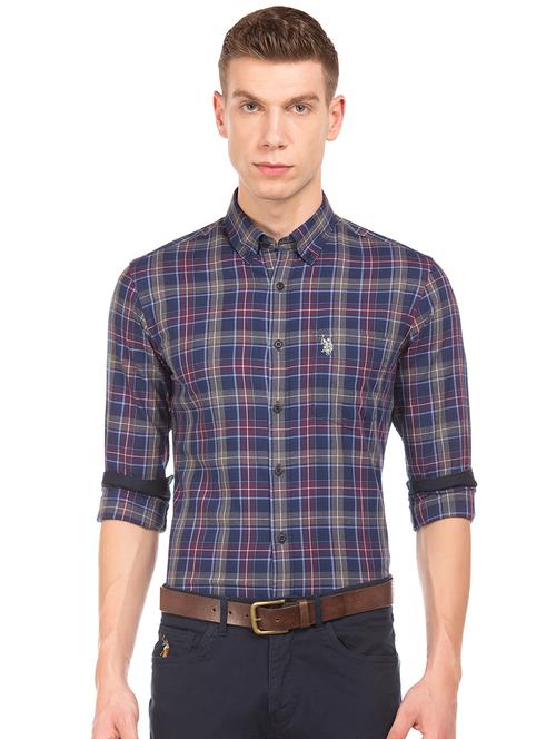 navy blue checkered casual shirt - 17561302 - Very Small Image - 1