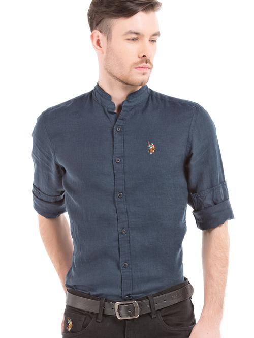 navy blue solid linen casual shirt - 17561472 - Very Small Image - 1