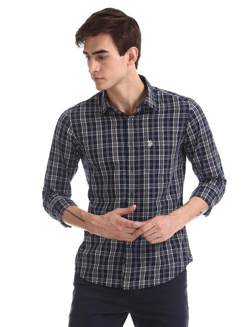 navy blue checkered casual shirt - 17561806 - Very Small Image - 1