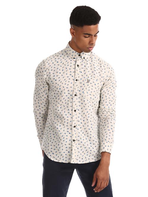 beige printed linen casual shirt - 17561890 - Very Small Image - 1