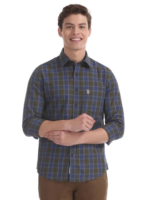 olive green checkered casual shirt - 17561943 - Very Small Image - 1