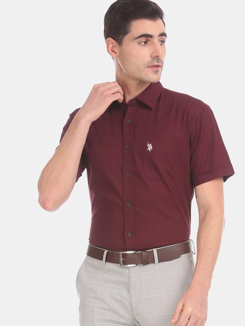 maroon solid linen casual shirt - 17562034 - Very Small Image - 1