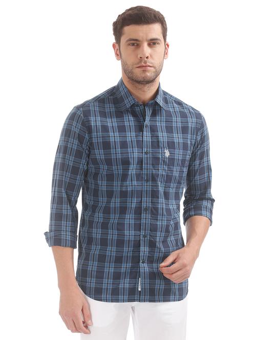navy blue checkered casual shirt - 17562084 - Very Small Image - 1