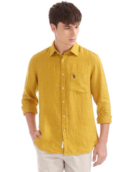 mustard solid linen casual shirt - 17562121 - Very Small Image - 1