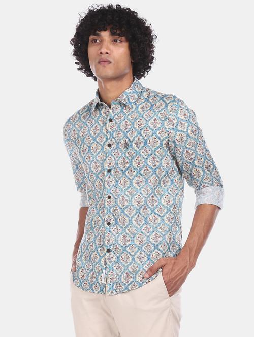 blue printed linen casual shirt - 17562242 - Very Small Image - 1