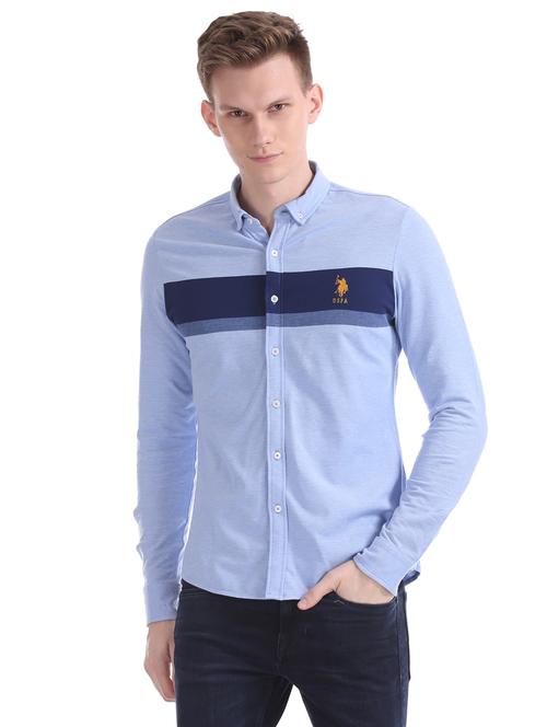 blue color block casual shirt - 17562319 - Very Small Image - 1