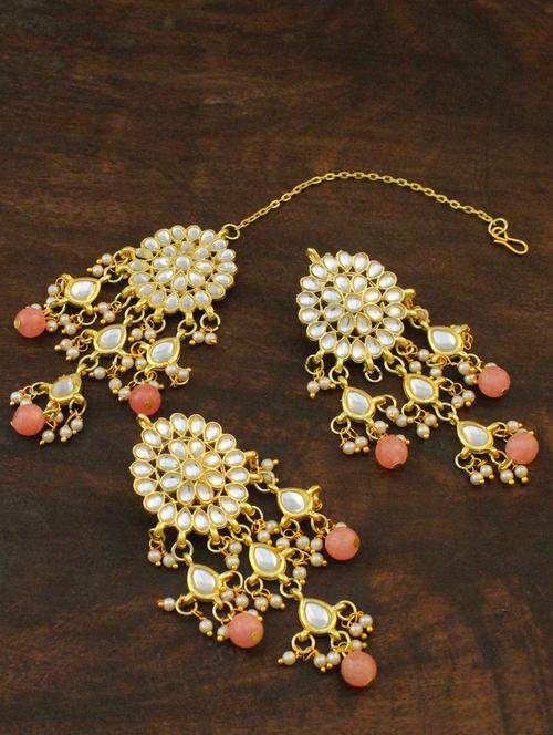 orange metal earring and maang tikka set - 17562777 - Very Small Image - 1