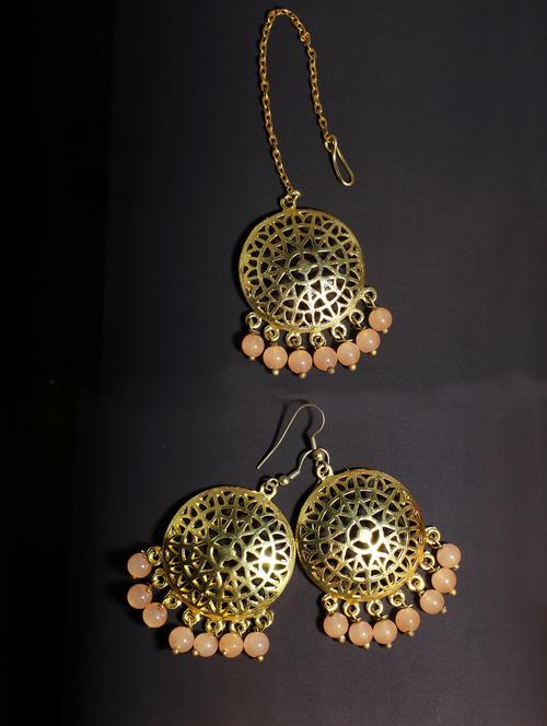 orange metal earring with maang tikka set - 17562805 - Very Small Image - 1