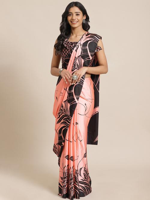peach crepe printed saree with blouse - 17562984 - Very Small Image - 1