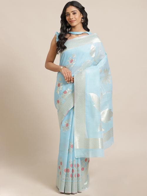floral woven saree with blouse - 17563020 - Very Small Image - 1