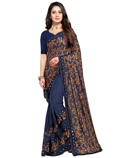 foil print ruffled saree with blouse - 17563195 - Very Small Image - 1