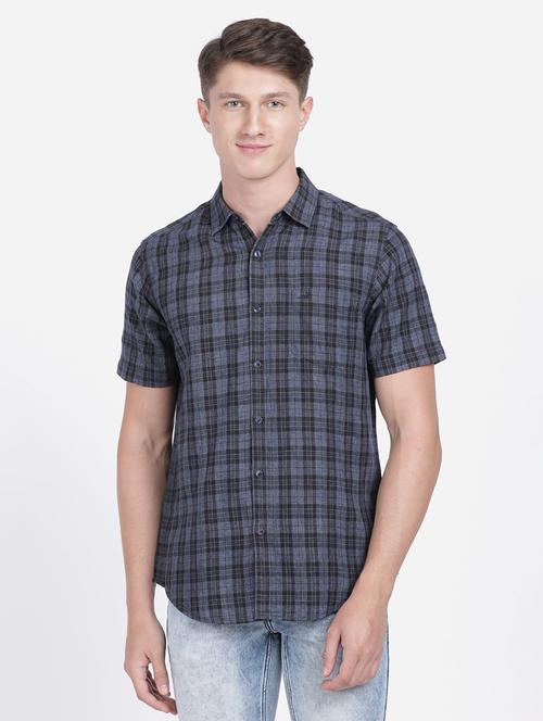 navy blue checkered casual shirt - 17568021 - Very Small Image - 1