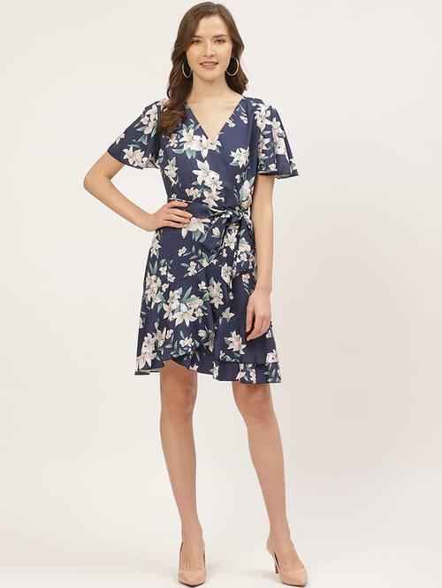 overlap neck floral wrap dress - 17568654 - Very Small Image - 1