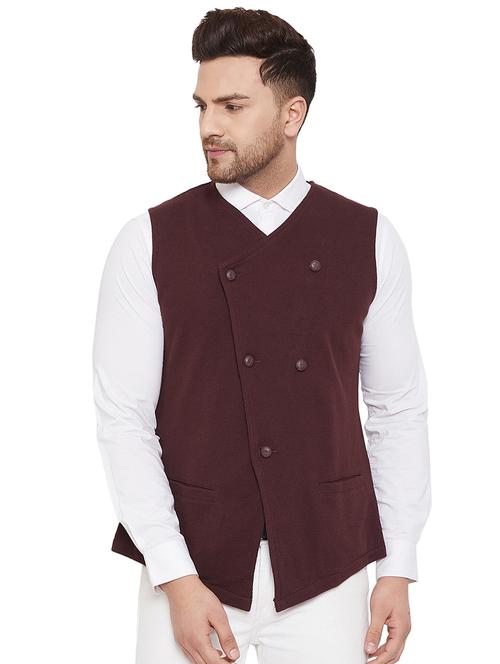 maroon solid double breasted waist coat - 17569565 - Very Small Image - 1
