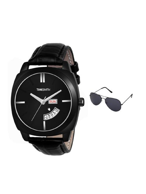 timesmith day date black leather black dial watch for men with free sunglasses tsc-138-wmg-002 - 17569808 - Very Small Image - 1