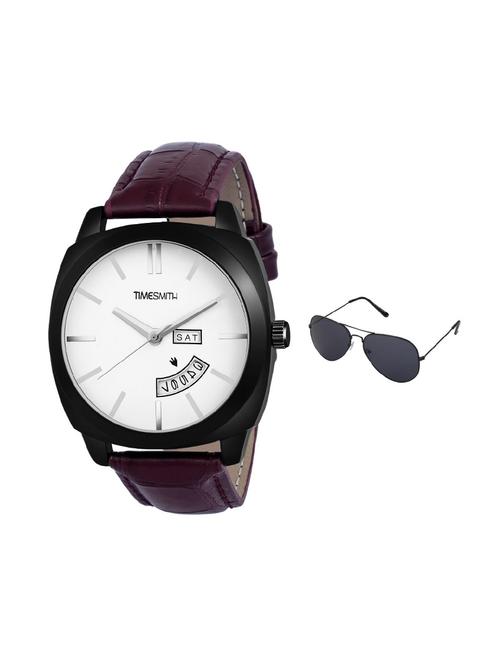 timesmith day date brown leather white dial watch for men with free sunglasses tsc-140-wmg-002 - 17569814 - Very Small Image - 1