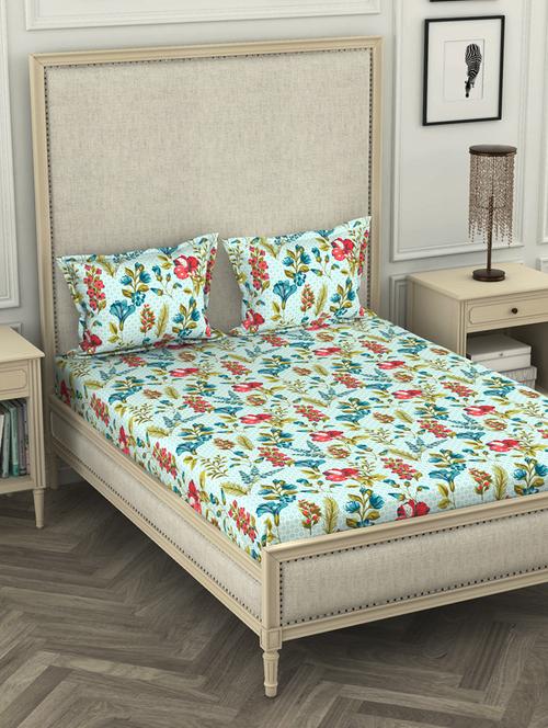 lorena 110tc 100% cotton double bedsheet with 2 pillow cover -soft-finish fabric -3pc set- (castillo) abstract-blue/olive - 17569843 - Very Small Image - 1