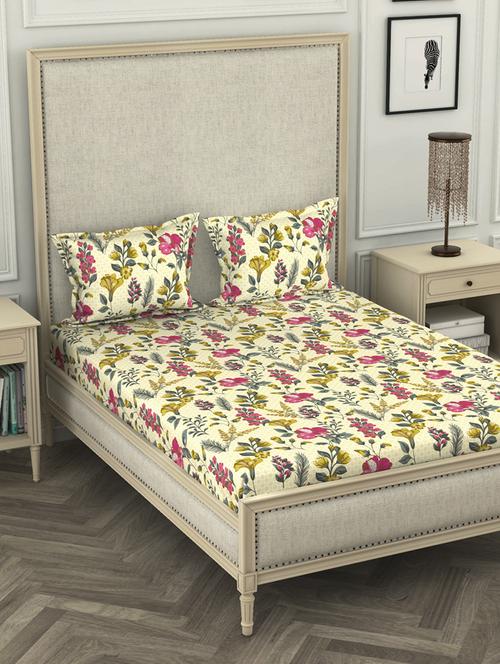 lorena 110tc 100% cotton double bedsheet with 2 pillow cover -soft-finish fabric -3pc set- (castillo) abstract-olive/grey - 17569844 - Very Small Image - 1