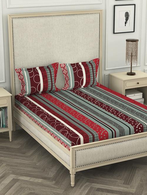 lorena 110tc 100% cotton double bedsheet with 2 pillow cover -soft-finish fabric -3pc set- (castillo) abstract-grey/red - 17569848 - Very Small Image - 1