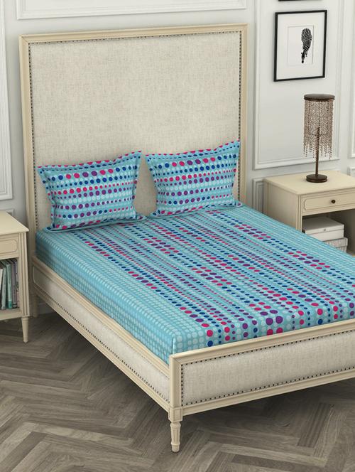 lorena 110tc 100% cotton double bedsheet with 2 pillow cover -soft-finish fabric -3pc set- (castillo) abstract-blue/multi - 17569852 - Very Small Image - 1