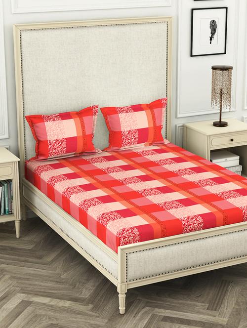 lorena 110tc 100% cotton double bedsheet with 2 pillow cover -soft-finish fabric -3pc set- (castillo) abstract-coral - 17569856 - Very Small Image - 1