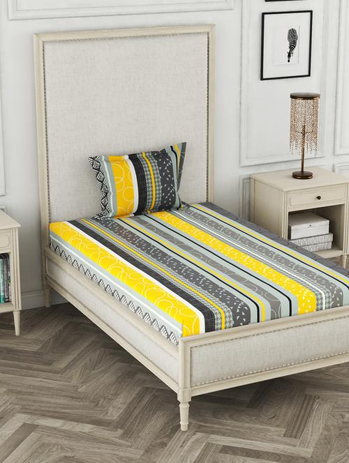 lorena 110tc 100% cotton single bedsheet with 1 pillow cover - soft-finish fabric -2pc set- (classic bed) abstract-grey/yellow - 17569870 - Very Small Image - 1