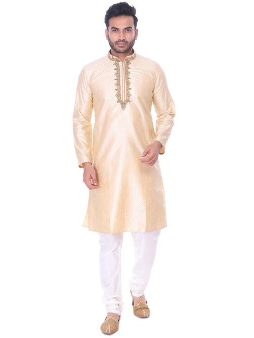 cream checkered kurta pyjama set with embroidered neckline - 17569916 - Very Small Image - 1