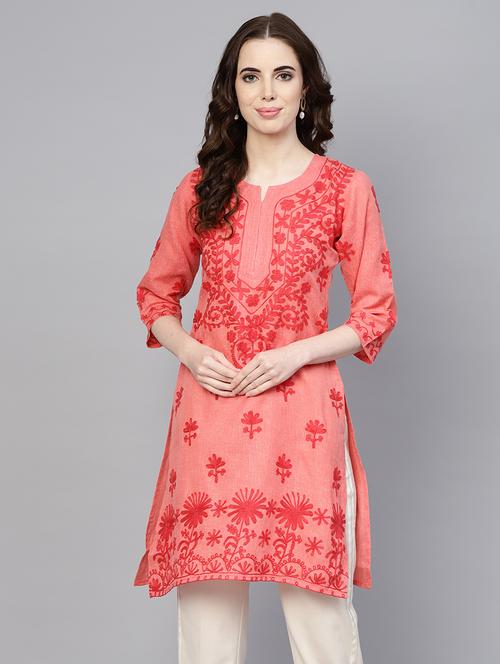peach chikankari straight kurta - 17570254 - Very Small Image - 1