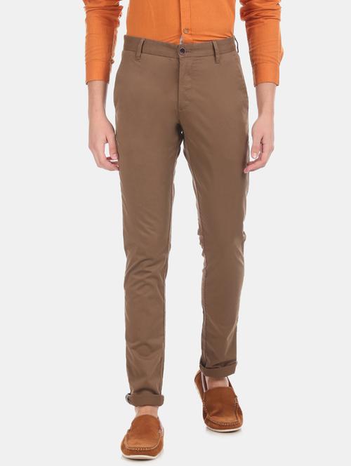 brown solid flat front casual trouser - 17571068 - Very Small Image - 1