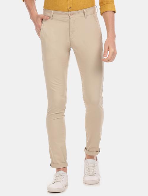 beige solid flat front casual trouser - 17571080 - Very Small Image - 1