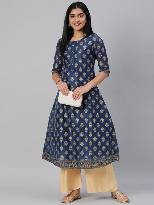 navy chanderi a-line kurta - 17572382 - Very Small Image - 1