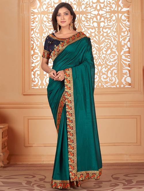 solid bordered saree with blouse - 17572988 - Very Small Image - 1