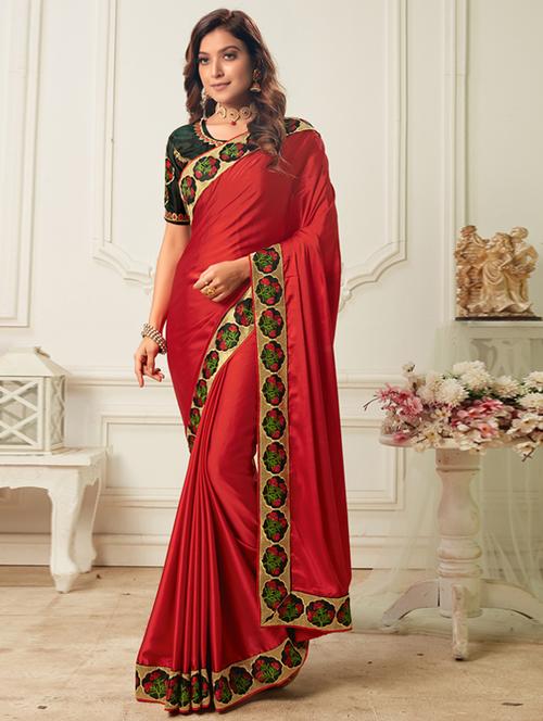 solid bordered saree with blouse - 17572992 - Very Small Image - 1